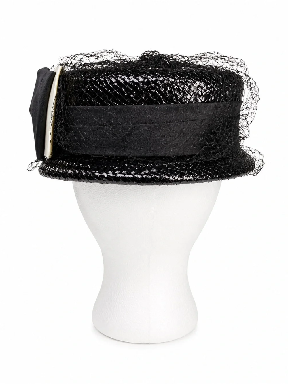 VTG 1960s Hats by Dayle Black Woven Straw Pillbox Hat Bow Veil
